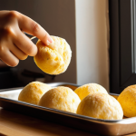 **

A cozy kitchen scene. Sunlight streams in as a woman pulls a tray of golden-brown Pão de Queijo from a modern stainless steel oven. The Pão de Queijo are puffed and slightly cracked, showcasing their chewy texture. On the counter, there's a bowl of freshly made Pão de Queijo, a cup of steaming coffee in a stylish ceramic mug, and a small dish of pesto for dipping. Focus on the warm, inviting atmosphere and the deliciousness of the Pão de Queijo.

**