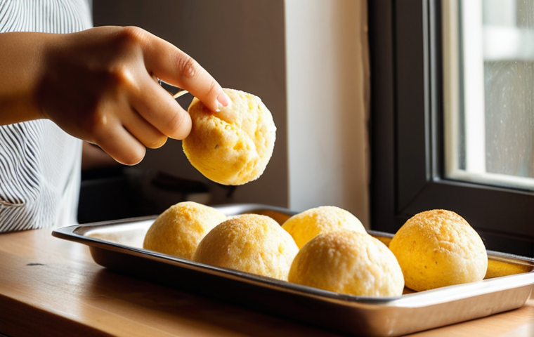 **
A cozy kitchen scene. Sunlight streams in as a woman pulls a tray of golden-brown Pão de Queijo from a modern stainless steel oven. The Pão de Queijo are puffed and slightly cracked, showcasing their chewy texture. On the counter, there's a bowl of freshly made Pão de Queijo, a cup of steaming coffee in a stylish ceramic mug, and a small dish of pesto for dipping. Focus on the warm, inviting atmosphere and the deliciousness of the Pão de Queijo.
**