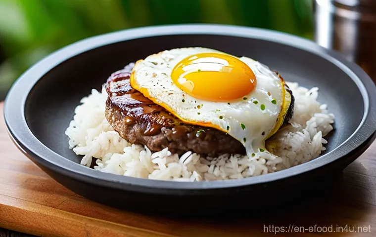 하와이 길거리 음식 로코모코 - **A Classic Loco Moco, Ready to Eat:**
A high-angle, close-up shot of a perfectly assembled, ste...
