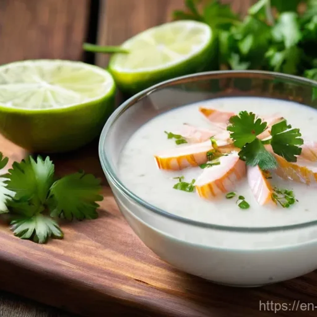 페루 전통 음식 세비체 - **Prompt:** A close-up, vibrant, and appetizing shot of the essential ingredients for "Leche de Tigr...