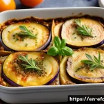 Home 21 그리스 전통 요리 무사카 - A close-up, high-resolution image of a beautifully layered moussaka casserole fresh out of the oven,...