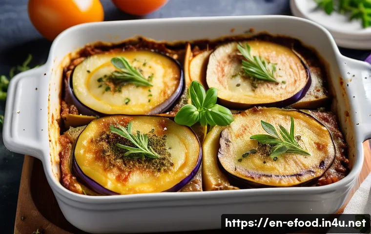그리스 전통 요리 무사카 - A close-up, high-resolution image of a beautifully layered moussaka casserole fresh out of the oven,...