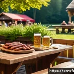 Home 20 독일 소시지 비교 - A vibrant outdoor Bavarian beer garden scene during late afternoon, featuring a wooden table laden w...