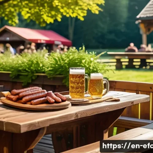 Home 32 독일 소시지 비교 - A vibrant outdoor Bavarian beer garden scene during late afternoon, featuring a wooden table laden w...
