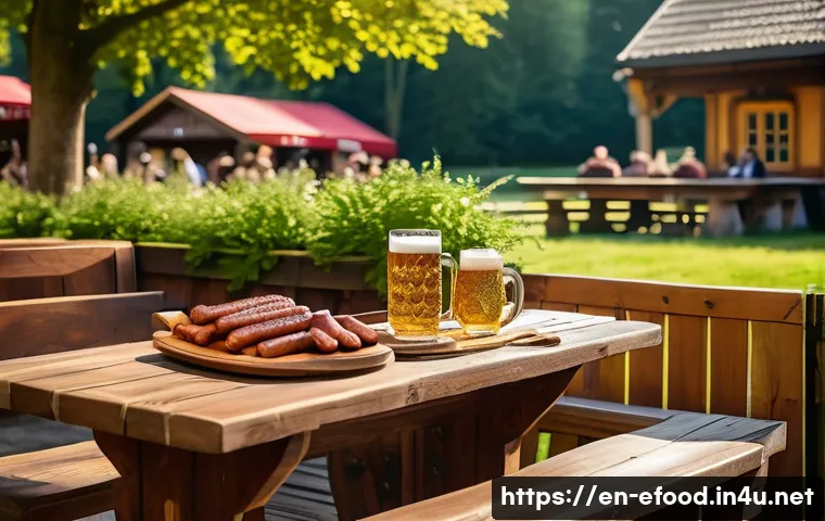 독일 소시지 비교 - A vibrant outdoor Bavarian beer garden scene during late afternoon, featuring a wooden table laden w...
