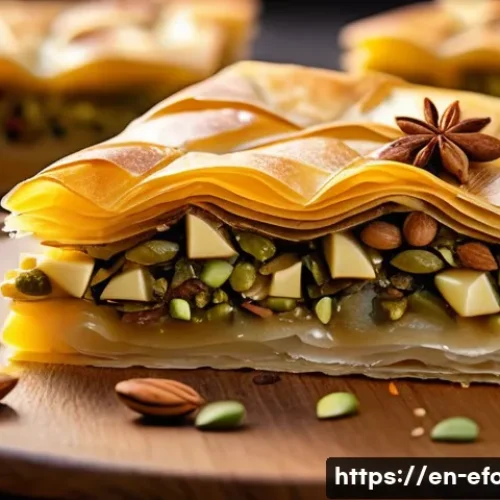 Home 31 그리스 디저트 바클라바 - A close-up, high-resolution image of a freshly baked classic layered phyllo pastry, golden and flaky...