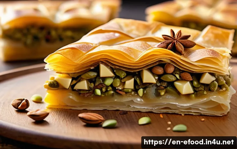 그리스 디저트 바클라바 - A close-up, high-resolution image of a freshly baked classic layered phyllo pastry, golden and flaky...