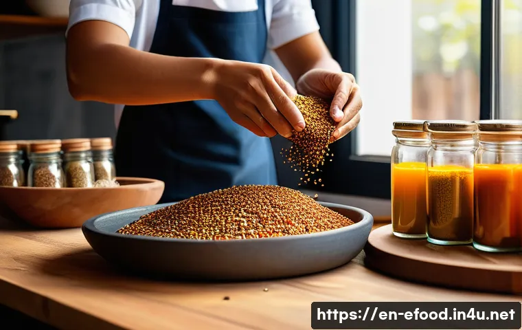 특별한 원료 활용법 - A cozy kitchen scene with a wooden countertop displaying an array of rare spices including grains of...