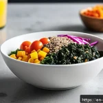 Home 23 레토르트 푸드 신제품 - A vibrant, modern ready meal bowl showcasing superfoods like quinoa, kale, and chia seeds mixed with...