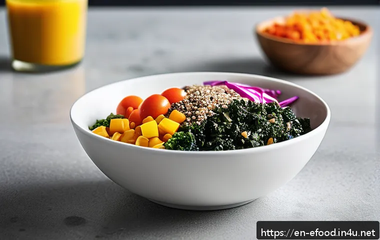 레토르트 푸드 신제품 - A vibrant, modern ready meal bowl showcasing superfoods like quinoa, kale, and chia seeds mixed with...